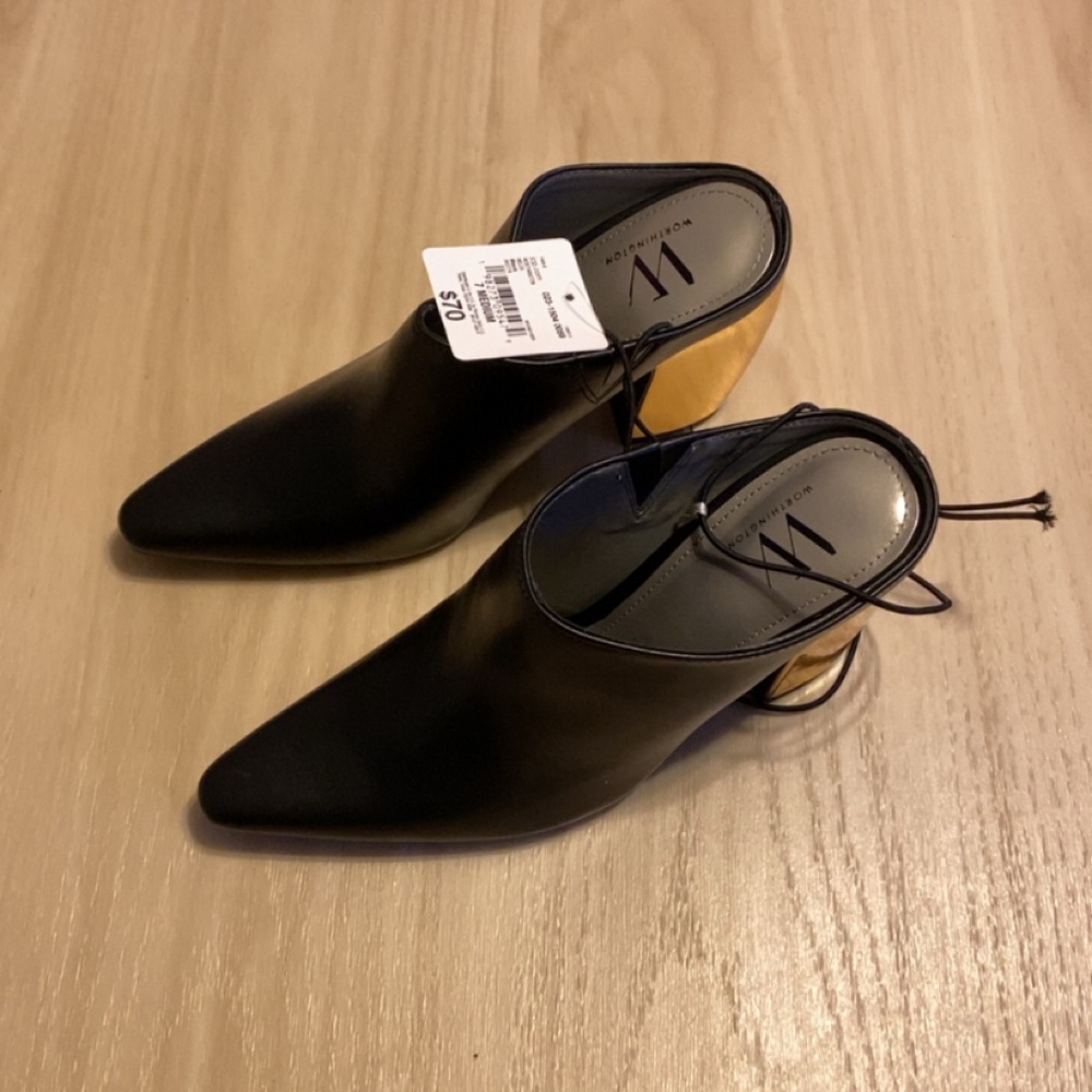 Worthington Black Mules with Gold Accent Block Heel